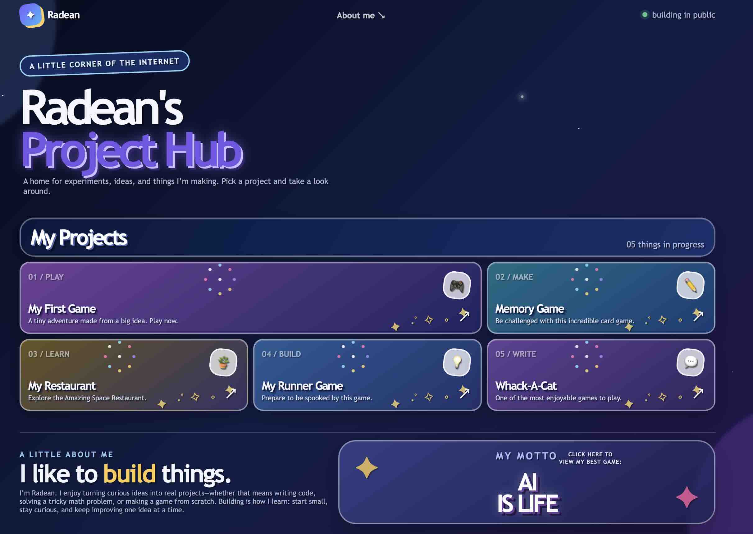 Radean K.'s Project Hub homepage